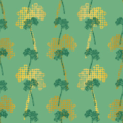 Gold and green Birch tree silhouettes with dots. Abstract decorative seamless vector pattern on green background. For wallpaper, home decor, wrapping paper and fashion fabric.