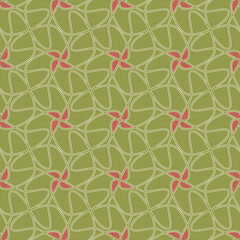 Abstract decorative doodle seamless vector pattern. Hand drawn linear texture with interlacing geometric flowers on green background. Vector illustration for wallpaper, home decor and fabrics.
