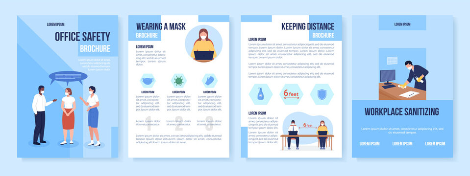 After covid office safety flat vector brochure template. Flyer, booklet, printable leaflet design with flat illustrations. Magazine page, cartoon reports, infographic posters with text space