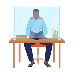 Man behind desk protector screen semi flat color vector character. Sitting figure. Full body person on white. Safety isolated modern cartoon style illustration for graphic design and animation