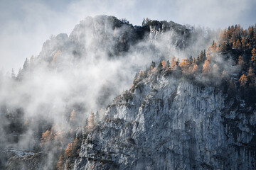 clouds and fog over the mountains in autumn