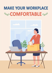 Find new job poster flat vector template. Hired for work. Brochure, booklet one page concept design with cartoon characters. Make your workplace comfortable flyer, leaflet with copy space