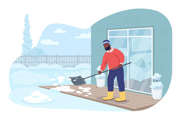 Porch snow removal 2D vector isolated illustration. Seasonal cleaning outside residential home. Man working with shovel flat character on cartoon background. Wintertime activities colourful scene