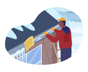 Roof snow cleaning 2D vector isolated illustration. Guy clearing rooftop of residential house. Man on ladder with shovel flat character on cartoon background. Wintertime work colourful scene