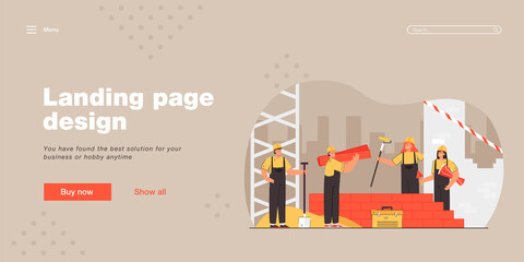 Obraz premium Young cartoon people constructing brick building. Flat vector illustration. Builders with shovel, trowel, paint roller standing near wall of future house. Construction, architecture, team work concept