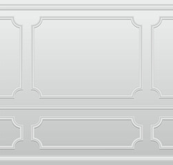 Vector illustration white wall decorated with moulding panels. Realistic empty white room wall background with white decorative molding on wall in classic style. Seamless vector background.