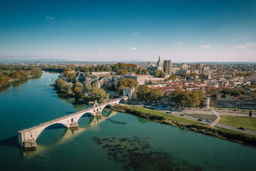 Fototapeta premium Aerial view of the old city Avignon, Le Pont Saint Benezet and Palais des Papes in Avignon, France