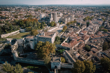 Aerial view of the old city Avignon, Le Pont Saint Benezet and Palais des Papes in Avignon, France
