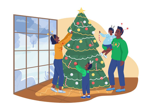 Decorating Christmas tree 2D vector isolated illustration. Winter holidays preparation. Celebrating festive traditions together. Family flat characters on cartoon background. New Year colourful scene