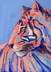 Beautiful wild tiger head portrait painting Illustration on a blue background. Animal painting for...