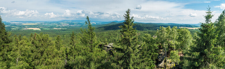 Panoramic view from sandstone rock viewpoint Monchskanzeland on spruce tree forest, village Oybin and Zittauer Gebirge mountains nature park, summer landscape, Germany