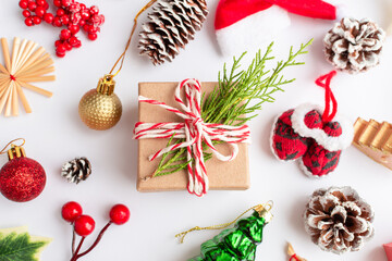 Christmas composition flatlay. Christmas gifts, red and gold, fir branches and red berries. Christmas, new year concept, winter.