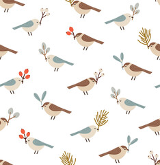 Obraz premium Seamless pattern of tit birds with winter plants. Eucalyptus branch, mistletoe, berries. Concept of the winter season, winter holidays, Christmas. Vector illustration isolated on white.