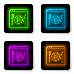 Glowing neon line Cooking live streaming icon isolated on white background. Black square button. Vector