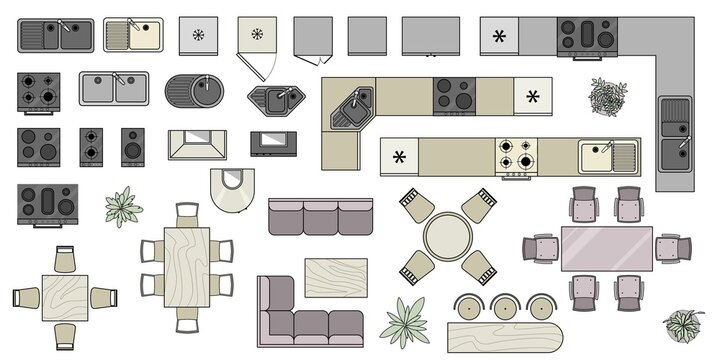 Kitchen and dining room furniture  top view. Set of colored elements for interior design of house, apartment, office. Interior icon, equipment, tables, chairs, sink. Furniture symbol set. Vector