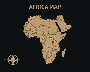 Detailed Old Vintage Map of Africa with compass and Region Border isolated on Dark background, Vector Illustration EPS 10