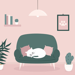 cute cartoon interior of the living room with plants and cat on cozy sofa lovely vector illustration