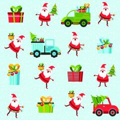 Santa toy pattern, Christmas tree and other holiday details. Childish hand-drawn scandinavian style. 