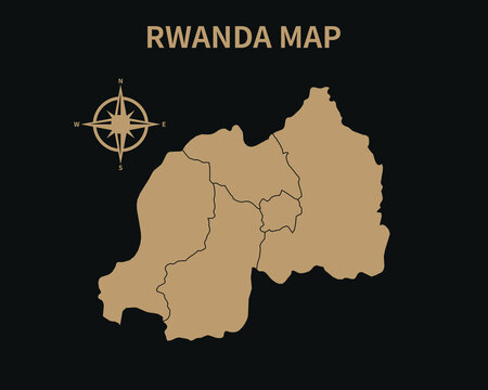 Detailed Old Vintage Map of Rwanda with compass and Region Border isolated on Dark background, Vector Illustration EPS 10