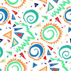 Seamless vector pattern with abstract modern doodles. Bright summer print. Trendy colorful background. Vintage geometric doodles.