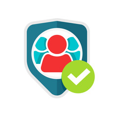 People unity safety protection icon vector or family care safeguard shield logo flat cartoon, children insurance emblem logotype sign, concept of coverage secure guard or human community