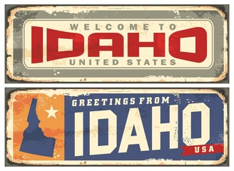 Greetings from Idaho retro sticker souvenir set. Idaho USA vintage tin signs with rusty scratched texture. Travel and vacation vector road signs graphics.