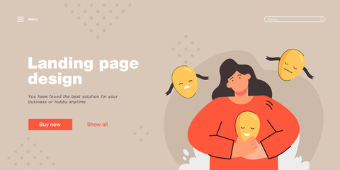 Sad girl holding mask with happy face flat vector illustration. Miserable female character hiding negative mood, changing personality Psychology, fake emotions, social conformity concept