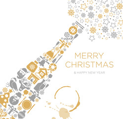 Happy New Year and Merry Christmas greeting card poster design with flat champagne bottle with christmas icon and place for your text message.