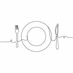 Vector continuous one single line drawing icon of plate fork and knife in silhouette on a white background. Linear stylized.