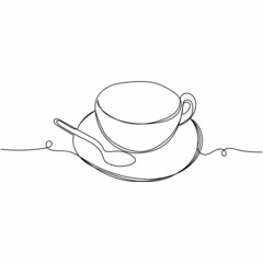 Vector continuous one single line drawing icon of cup of coffee with spoon in silhouette on a white background. Linear stylized.