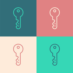 Pop art line House key icon isolated on color background. Vector