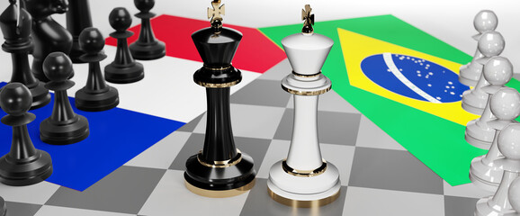 France and Brazil - talks, debate, dialog or a confrontation between those two countries shown as two chess kings with flags that symbolize art of meetings and negotiations, 3d illustration