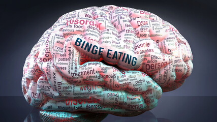 Binge eating in human brain, hundreds of crucial terms related to Binge eating projected onto a cortex to show broad extent of the condition and to explore concepts linked to it, 3d illustration