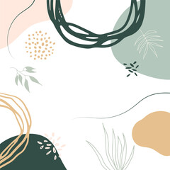 Trendy abstract minimalist organic background with flowing liquid shapes, floral, brush, leaves, hand drawn textures and blob. Tan, nude, champagne, beige, pastel, pink, brown, earth tone color style.