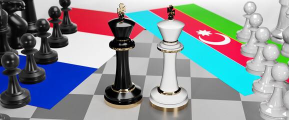 France and Azerbaijan - talks, debate, dialog or a confrontation between those two countries shown as two chess kings with flags that symbolize art of meetings and negotiations, 3d illustration