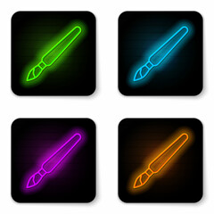 Glowing neon line Paint brush icon isolated on white background. Black square button. Vector