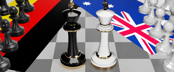 Germany and Australia - talks, debate, dialog or a confrontation between those two countries shown as two chess kings with flags that symbolize art of meetings and negotiations, 3d illustration