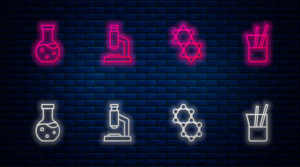Set line Microscope, Molecule, Test tube and Laboratory glassware. Glowing neon icon on brick wall. Vector