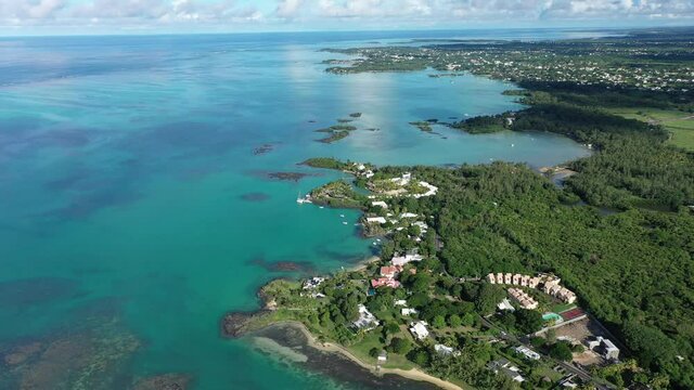 Aerial view, flight at beaches with luxury hotels at Cap Malheureux, Grand Gaube, Pamplemousses Region, Mauritius, Africa