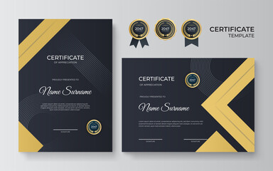 Modern elegant luxury gold and black diploma certificate template. Certificate of achievement template with gold badge, border, and luxury pattern for business and corporate. Premium design vector.