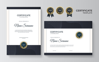 Modern elegant luxury gold and black diploma certificate template. Certificate of achievement template with gold badge, border, and luxury pattern for business and corporate. Premium design vector.