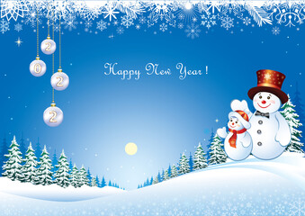 Happy New Year 2022. Greeting card with snowmen on a snowy winter landscape with silver balls and snowflake pattern. Vector illustration