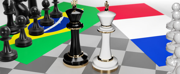 Brazil and France - talks, debate, dialog or a confrontation between those two countries shown as two chess kings with flags that symbolize art of meetings and negotiations, 3d illustration