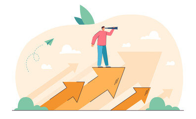 Businessman with spyglass standing on arrow growing up. Tiny man in search of direction of future work, way to better changes flat vector illustration. Success, career, business vision concept