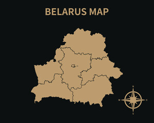 Detailed Old Vintage Map of Belarus with compass and Region Border isolated on Dark background, Vector Illustration EPS 10