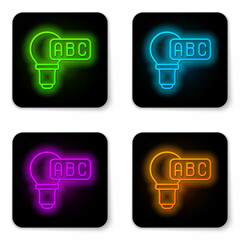 Glowing neon line Creative lamp light idea icon isolated on white background. Concept ideas inspiration, invention, effective thinking, knowledge and education. Black square button. Vector