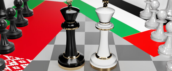 Belarus and United Arab Emirates - talks, debate or dialog between those two countries shown as two chess kings with national flags that symbolize subtle art of diplomacy, 3d illustration