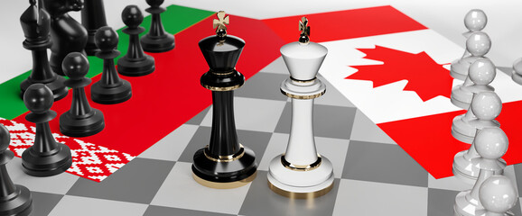 Belarus and Canada - talks, debate, dialog or a confrontation between those two countries shown as two chess kings with flags that symbolize art of meetings and negotiations, 3d illustration