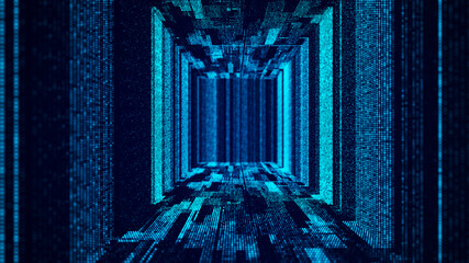 Abstract wireframe tunnel. Blue wormhole. 3D portal grid. Futuristic fantasy funnel. 3d rendering.