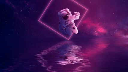 Obraz na płótnie Canvas Futuristic space sci-fi abstract background with flying astronaut. Neon abstract space background with nebula and stars. Elements of this image furnished by NASA. 3D illustration.